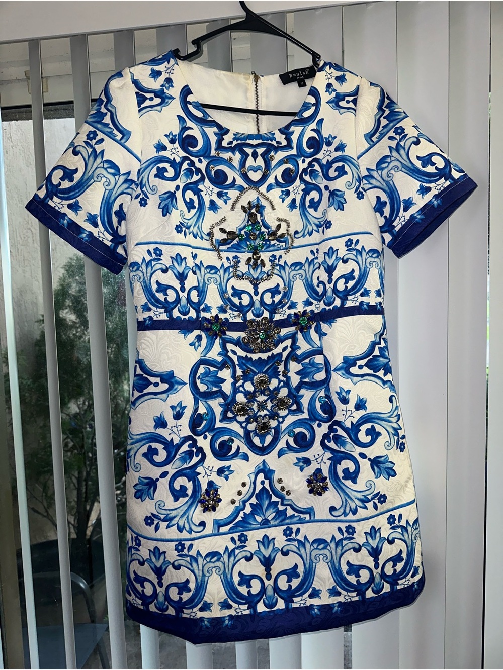 Blue and White Embellished Midi Dress